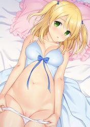 Rule 34 | 1girl, babydoll, bare shoulders, bed sheet, blonde hair, blush, breasts, cleavage, cleft of venus, collarbone, commentary request, from above, green eyes, hair ribbon, lingerie, long hair, looking at viewer, lying, medium breasts, n.g., navel, on back, on bed, open mouth, original, panties, panty pull, pillow, pussy, ribbon, solo, stomach, swept bangs, two side up, uncensored, underwear, underwear only, undressing, white panties