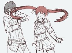 Rule 34 | 1boy, 1girl, angry, animated, armor, closed eyes, fire emblem, fire emblem fates, gauntlets, greaves, inigo (fire emblem), laslow (fire emblem), long hair, nintendo, red hair, selena (fire emblem fates), severa (fire emblem), skirt, twintails, whip
