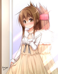 Rule 34 | 10s, 1girl, alternate costume, artist name, blush, brown eyes, brown hair, dress, folded ponytail, hair ornament, hairclip, hand on own chest, haryuu (poetto), inazuma (kancolle), kantai collection, long sleeves, looking at viewer, reflection, skirt hold, smile, solo