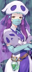 Rule 34 | 1girl, breasts, character request, hair ornament, hat, highres, long hair, looking at viewer, mask, mouth mask, murata tefu, purple hair, solo, yellow eyes