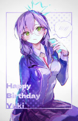 Rule 34 | 1girl, absurdres, blazer, blue jacket, border, breasts, brown skirt, cellphone, closed mouth, glasses, gradient border, green eyes, hair between eyes, happy birthday, heaven burns red, highres, holding, holding phone, irohatomo, izumi yuki (heaven burns red), jacket, long hair, long sleeves, looking at viewer, medium breasts, phone, pleated skirt, purple border, purple hair, sitting, skirt, smartphone, solo, spoken blush, upper body, wavy mouth, white border