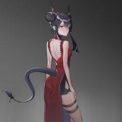 Rule 34 | 1girl, absurdres, arknights, backless dress, backless outfit, bare arms, bare back, bare shoulders, bike shorts, black hair, black shorts, blush, breasts, ch&#039;en (ageless afterglow) (arknights), ch&#039;en (arknights), china dress, chinese clothes, clothing cutout, cowboy shot, double bun, dragon horns, dragon tail, dress, from behind, gradient background, grey background, hair between eyes, hair bun, highres, horns, long hair, looking at viewer, looking back, official alternate costume, qingshu, red dress, red eyes, short shorts, shorts, side slit, sidelocks, sleeveless, sleeveless dress, small breasts, solo, standing, tail, tail through clothes, thigh strap, thighs