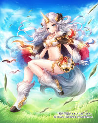Rule 34 | 10s, 1girl, animal ears, bare shoulders, blue eyes, blue sky, blush, breasts, chain chronicle, character request, cleavage, closed mouth, cloud, day, gloves, gold trim, grass, grey hair, hobak, hooves, horns, jewelry, kempin, large tail, long hair, looking at viewer, midriff, navel, necklace, official art, outdoors, single horn, sky, solo, tail, wavy hair, white gloves