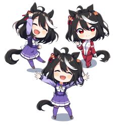 Rule 34 | 1girl, :d, ^ ^, ahoge, animal ears, black hair, blush stickers, bow, breasts, brown footwear, chibi, clenched hand, closed eyes, closed mouth, commentary request, facing viewer, hair between eyes, highres, horse ears, horse girl, horse tail, jacket, kitasan black (umamusume), long hair, long sleeves, looking at viewer, multicolored hair, multiple views, open mouth, outstretched arms, pants, pleated skirt, purple shirt, purple skirt, purple thighhighs, red eyes, red jacket, red pants, school uniform, shadow, shirt, shoes, skirt, sleeves past wrists, small breasts, smile, spread arms, streaked hair, tail, thighhighs, totoki86, tracen school uniform, track jacket, track pants, track suit, two side up, umamusume, white background, white bow, white hair