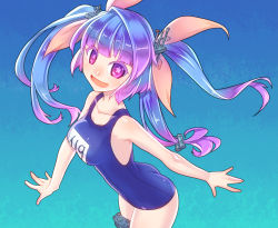 Rule 34 | 10s, 1girl, :d, blue hair, breasts, colored eyelashes, fang, gradient hair, i-19 (kancolle), kantai collection, long hair, multicolored hair, name tag, one-piece swimsuit, open \m/, open mouth, personification, pink eyes, red eyes, school swimsuit, smile, star-shaped pupils, star (symbol), submarine, swimsuit, symbol-shaped pupils, twintails, watercraft, yukimura tsubame