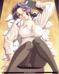 Rule 34 | 1girl, blush, breasts, desk, covered erect nipples, glasses, highres, large breasts, open clothes, open shirt, panties, panties under pantyhose, pantyhose, pantyshot, purple hair, shirt, solo, teacher, underwear, upskirt