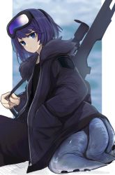 Rule 34 | 1girl, absurdres, andreana (arknights), arknights, black jacket, blue eyes, closed mouth, from behind, goggles, goggles on head, gun, highres, jacket, long sleeves, looking at viewer, looking back, open clothes, open jacket, purple hair, rifle, sasahara (shou goi), short hair, sitting, sniper rifle, solo, tail, tentacles, weapon