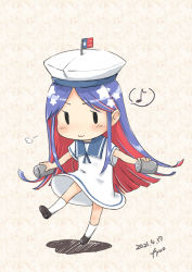 Rule 34 | 1girl, absurdres, artist name, blue hair, blue sailor collar, chibi, cosplay, dated, depth charge, dress, eighth note, fairy (kancolle), flag, full body, fyuo, hat, hiburi (kancolle), hiburi (kancolle) (cosplay), highres, kantai collection, long hair, mark 6 (depth charge), multicolored hair, musical note, red hair, sailor collar, sailor dress, sailor hat, short sleeves, solo, south dakota (kancolle), spoken musical note, standing, star (symbol), white dress, white hair, white hat