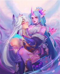 Rule 34 | 1boy, 1girl, absurdres, animal ears, aqua hair, arm tattoo, black socks, blue skin, blurry, blurry background, carrying, colored skin, day, earrings, esqurell, eye contact, facial tattoo, glowing, glowing hand, hair ornament, hair stick, hetero, highres, horns, jewelry, league of legends, lipstick, long hair, looking at another, makeup, official alternate costume, official alternate hair color, outdoors, pink skin, pointy ears, princess carry, purple eyes, sett (league of legends), shoulder tattoo, sidelocks, single horn, socks, soraka (league of legends), spirit blossom sett, spirit blossom soraka, tattoo, toned, toned male, very long hair, white hair
