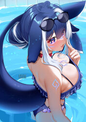 Rule 34 | 1girl, :d, ahoge, arm tattoo, ass, bare shoulders, bikini, blue bikini, blue hair, breasts, cetacean tail, choker, cleavage, commentary, fins, fish tail, hand up, heart, heart ahoge, highres, index finger raised, indie virtual youtuber, large breasts, long hair, looking at viewer, multicolored hair, open mouth, pool, purple eyes, red choker, shylily, smile, solo, squchan, swimsuit, tail, tattoo, wading, water, white hair