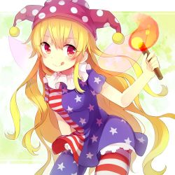 Rule 34 | 1girl, american flag dress, american flag legwear, american flag shirt, bad id, bad twitter id, blonde hair, blush, clownpiece, collar, cowboy shot, dress, fire, frilled collar, frilled shirt collar, frills, hat, holding, jester cap, licking lips, long hair, looking at viewer, neck ruff, pantyhose, petticoat, polka dot, red eyes, short dress, short sleeves, simple background, solo, standing, striped clothes, striped dress, striped pantyhose, suzuna (mark of luck), tongue, tongue out, torch, touhou, very long hair