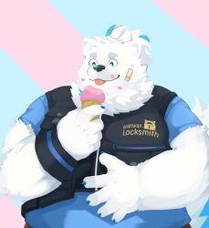 Rule 34 | 1boy, :p, absurdres, animal ears, bandaid, bara, belly, blue fur, dog boy, dog ears, eating, fat, fat man, food, food on face, furry, furry male, happy, highres, holding, holding food, holding ice cream, ice cream, large hands, live a hero, male focus, multicolored hair, pel0403, solo, streaked hair, thick eyebrows, tongue, tongue out, two-tone background, white fur, yohack