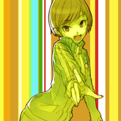 Rule 34 | 1girl, atlus, jacket, open mouth, persona, persona 4, pointing, satonaka chie, shirabi, short hair, smile, solo, striped, striped background, track jacket