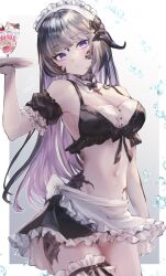 1girl apron au_ra bikini black_hair bridal_garter colored_inner_hair detached_collar detached_sleeves dragon_girl dragon_horns fat_cat_(ff14) final_fantasy final_fantasy_xiv highres horns lena_(lenafenrir1) long_hair maid maid_bikini maid_day maid_headdress multicolored_hair navel parfait pink_hair purple_eyes scales swimsuit tray unconventional_maid waist_apron warrior_of_light_(ff14)