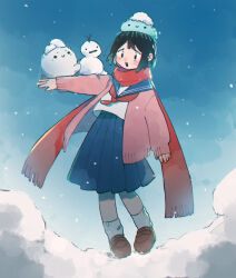 Rule 34 | 1girl, animal, animal on head, black hair, blue sky, brown footwear, commentary, cowboy shot, day, full body, ghost, grey sailor collar, grey skirt, highres, jacket, jellyfish, long scarf, long sleeves, looking at viewer, mamei mema, neckerchief, on head, open clothes, open jacket, open mouth, original, outdoors, outstretched arm, pink jacket, pleated skirt, red neckerchief, red scarf, sailor collar, sailor shirt, scarf, school uniform, serafuku, shirt, shoes, skirt, sky, sleeves past wrists, snow, snowing, socks, solo, standing, tareme, white shirt, white socks, winter, winter clothes