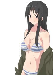 Rule 34 | 1girl, akiyama mio, bikini, black eyes, black hair, blush, breasts, cleavage, closed mouth, collarbone, commentary request, hateri, highres, hime cut, k-on!, large breasts, long hair, navel, sidelocks, simple background, smile, solo, standing, striped bikini, striped clothes, swimsuit, white background