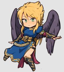 Rule 34 | 1girl, blonde hair, boots, breasts, breath of fire, breath of fire ii, capcom, chibi, closed mouth, dress, green eyes, ibara., long hair, nina (breath of fire ii), purple wings, side slit, simple background, solo, wings