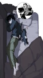 Rule 34 | 1 kdcrf, 1boy, amamiya ren, barefoot, bed, black cat, black hair, cat, closed eyes, closed mouth, dreaming, flying sweatdrops, green pants, highres, long hair, long sleeves, lying, male focus, mask, morgana (persona 5), on bed, on side, open mouth, pants, persona, persona 5, pillow, sleeping, sweat, sweater, very long hair
