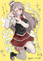 Rule 34 | 1girl, absurdres, anniversary, blush, bow, bowtie, brown eyes, dated, full body, grey hair, hair between eyes, hat, highres, kantai collection, long hair, long sleeves, mini hat, one eye closed, open mouth, pleated skirt, pola (kancolle), red bow, red bowtie, red skirt, shirt, skirt, smile, solo, thighhighs, toriniku senshi chikinman, wavy hair, white hat, white shirt, white thighhighs