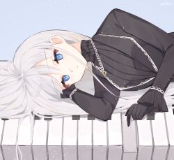 Rule 34 | 1girl, angelica (project moon), black gloves, black jacket, black sweater, blue background, closed mouth, frilled sleeves, frills, gloves, jacket, jewelry, library of ruina, long hair, long sleeves, looking at viewer, love mintchoco, lying, necklace, on piano, on side, piano keys, project moon, ribbed sweater, ring, ring necklace, simple background, solo, sweater, turtleneck, turtleneck sweater, very long hair, white hair