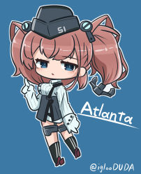 Rule 34 | 1girl, anchor hair ornament, asimo953, atlanta (kancolle), black footwear, black hat, black skirt, blue background, breasts, brown hair, character name, chibi, commentary request, dress shirt, earrings, full body, garrison cap, garter straps, grey eyes, hair ornament, hat, high-waist skirt, highres, index finger raised, jewelry, kantai collection, large breasts, long hair, long sleeves, looking at viewer, rudder footwear, shirt, simple background, skirt, solo, standing, star (symbol), star earrings, suspender skirt, suspenders, thigh strap, twitter username, two side up, white shirt