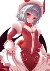 Rule 34 | 1girl, absurdres, bare shoulders, bat wings, black wings, blush, breasts, closed mouth, curiosities of lotus asia, dress, fang, fang out, hat, heart, highres, indica, light smile, looking at viewer, medium hair, nail polish, pointy ears, red eyes, red nails, remilia scarlet, silver hair, simple background, skirt hold, slit pupils, small breasts, solo, touhou, white background, wings