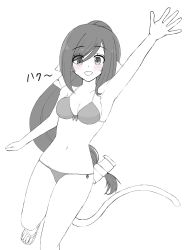 Rule 34 | 1girl, absurdly long hair, animal ears, aquaplus, arm up, bare arms, bare legs, bare shoulders, bikini, black eyes, black hair, blush, breasts, cat tail, cleavage, collarbone, eyes visible through hair, feet, full body, gradient eyes, greyscale, hair between eyes, high ponytail, highres, kuon (utawarerumono), legs, long hair, low-tied long hair, medium breasts, midriff, monochrome, multicolored eyes, ongheaven, open mouth, ponytail, raised eyebrows, sandals, sidelocks, sleeveless, solo, standing, standing on one leg, swept bangs, swimsuit, tail, thighs, toes, utawarerumono, utawarerumono: itsuwari no kamen, very long hair