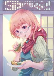 Rule 34 | 1girl, black-framed eyewear, blue eyes, breasts, eating, food, glasses, holding, indoors, long hair, looking at viewer, medium breasts, mochi, orange hair, original, pinky out, red scarf, scarf, semi-rimless eyewear, solo, sweater, tomamatto, upper body