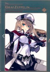 Rule 34 | 1girl, absurdres, anchor, blonde hair, blue eyes, blush, breasts, capelet, closed mouth, covered erect nipples, covered navel, gloves, graf zeppelin (kancolle), hat, highres, huge filesize, kantai collection, lips, long hair, long sleeves, looking at viewer, machinery, medium breasts, military, military hat, military uniform, peaked cap, scan, shiny skin, shirokitsune, sidelocks, simple background, solo, turtleneck, twintails, uniform, white background