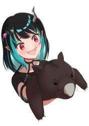 Rule 34 | 1girl, animal, black hair, black shirt, blue hair, blush, bonchi age, commentary request, cropped torso, demon girl, demon horns, eye hair ornament, fang, highres, holding, holding animal, horns, medium hair, multicolored hair, nanashi inc., official alternate costume, open mouth, pointy ears, red eyes, shirt, shishio chris, shishio chris (3rd costume), short sleeves, simple background, smile, solo, sugar lyric, two-tone hair, upper body, virtual youtuber, white background, wombat