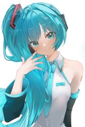 Rule 34 | 1girl, absurdres, alternate hairstyle, aqua eyes, aqua hair, aqua necktie, blush, breasts, commentary, derivative work, detached collar, fingernails, hatsune miku, hatsune miku (noodle stopper), head tilt, headset, highres, long hair, looking at viewer, nail polish, necktie, onmoynn, photo-referenced, shirt, side ponytail, simple background, sleeveless, sleeveless shirt, small breasts, smile, solo, upper body, very long hair, vocaloid, white background