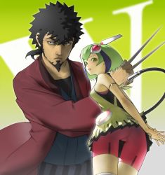 Rule 34 | 1boy, 1girl, android, ass, bare shoulders, bike shorts, black hair, breasts, cable, commentary request, dimension w, dress, green eyes, green hair, headgear, looking at viewer, mabuchi kyoma, mi8pq, multicolored hair, open mouth, short hair, streaked hair, tail, thighhighs, two-tone hair, yurizaki mira