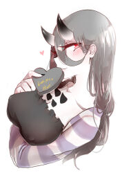 Rule 34 | 1girl, abyssal ship, alternate costume, battleship princess, black hair, box, colored skin, english text, gift, gift box, heart, heart-shaped box, hi ye, highres, holding, holding box, holding gift, horns, kantai collection, long hair, long sleeves, red eyes, shirt, skin-covered horns, smile, solo, striped clothes, striped shirt, upper body, valentine, very long hair, white skin