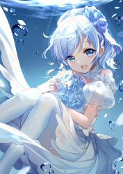 Rule 34 | 1girl, :d, air bubble, bare shoulders, bison cangshu, blue eyes, blue flower, blue hair, blue rose, bouquet, bubble, commentary request, detached sleeves, dress, feet out of frame, flower, hair flower, hair ornament, highres, jewelry, long hair, looking at viewer, open mouth, ornate ring, pantyhose, ponytail, puffy short sleeves, puffy sleeves, ring, rose, see-through, see-through sleeves, short sleeves, sigsbee (warship girls r), smile, solo, strapless, strapless dress, underwater, warship girls r, water, wedding dress, wedding ring, white dress, white pantyhose, white sleeves