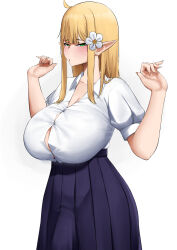 Rule 34 | 1girl, :o, arms up, black skirt, blonde hair, blunt bangs, breasts, bulge, button gap, collared shirt, commentary, elf, embarrassed, english commentary, flower, futanari, green eyes, hair flower, hair ornament, highres, huge breasts, long hair, looking at viewer, mivioppai, original, pleated skirt, pointy ears, puffy short sleeves, puffy sleeves, school uniform, shirt, short sleeves, simple background, skirt, solo, white background, white flower, white shirt