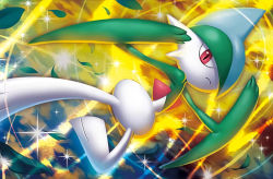 Rule 34 | closed mouth, creature, creatures (company), frown, full body, gallade, game freak, gen 4 pokemon, jumping, leaf, looking at viewer, nintendo, no humans, official art, pokemon, pokemon (creature), pokemon tcg, red eyes, solo, third-party source, tsutsui misa, wind