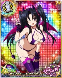 Rule 34 | 1girl, black hair, breasts, card (medium), chess piece, cleavage, demon tail, female focus, fingerless gloves, gloves, high school dxd, highres, horns, king (chess), large breasts, long hair, looking at viewer, navel, official art, one eye closed, purple eyes, serafall leviathan, smile, solo, thighhighs, twintails, wings