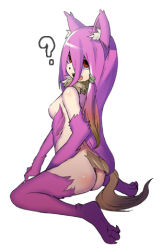 Rule 34 | 1girl, ?, animal ears, ass, fang, hair between eyes, long hair, looking back, lowres, monster girl, nanashin, no bra, no panties, nude, open mouth, pink hair, red eyes, simple background, sitting, solo, surprised, tail, very long hair, wariza, white background, wolf ears, wolf tail