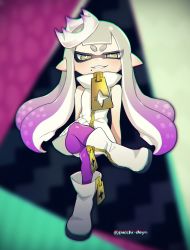 Rule 34 | + +, 1girl, absurdres, alternate hair length, alternate hairstyle, bare arms, bare shoulders, boots, chromatic aberration, crossed legs, crown, dress, fang, fingerless gloves, full body, gloves, highres, inkling, long hair, looking at viewer, mole, mole under mouth, multicolored hair, nintendo, pantyhose, pearl (splatoon), pink pantyhose, pointy ears, puchiman, sitting, sleeveless, sleeveless dress, smile, solo, splatoon (series), splatoon 2, symbol-shaped pupils, teeth, tentacle hair, twitter username, two-tone hair, white hair, yellow eyes, zipper