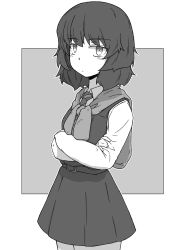 Rule 34 | 1girl, absurdres, andou (girls und panzer), bc freedom school uniform, border, closed mouth, commentary request, cowboy shot, crossed arms, dark-skinned female, dark skin, diagonal-striped clothes, diagonal-striped necktie, diagonal-striped neckwear, dress, girls und panzer, greyscale, highres, long sleeves, looking at viewer, medium hair, messy hair, monochrome, necktie, outside border, partial commentary, pinafore dress, pleated dress, renshiu, school uniform, short dress, sleeveless, sleeveless dress, solo, standing, striped clothes, striped necktie, striped neckwear, sweater around neck
