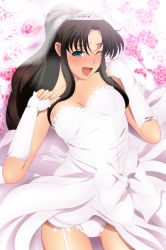 Rule 34 | 1girl, bare shoulders, black hair, blue eyes, blush, breasts, bridal veil, bride, cleavage, cowboy shot, dress, fate/stay night, fate (series), flower, garter straps, gloves, high ponytail, highres, legs, long hair, looking at viewer, medium breasts, one eye closed, open mouth, panties, ponytail, rose, sidelocks, simple background, solo, standing, strapless, sweatdrop, thighs, tohsaka rin, underwear, veil, wedding dress, white gloves, white panties, yadokari genpachirou