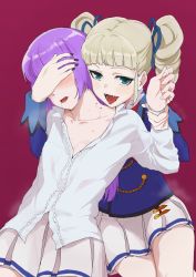 Rule 34 | 2girls, aikatsu!, aikatsu! (series), black nails, blonde hair, blood, blue jacket, blush, buttons, character request, covered eyes, covering another&#039;s eyes, double-breasted, dress shirt, drill hair, drinking blood, eyeshadow, fangs, fingernails, green eyes, highres, holding another&#039;s wrist, implied yuri, jacket, long sleeves, looking at viewer, makeup, miniskirt, multiple girls, nail polish, open mouth, osame, parted lips, red background, sanpaku, shirt, simple background, skirt, smile, tongue, tongue out, todo yurika, twin drills, twintails, vampire, white shirt, white skirt
