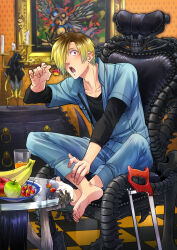 Rule 34 | 1boy, absurdres, apple, banana, barefoot, black shirt, blonde hair, blue jumpsuit, cabinet, candle, candlestand, chair, checkered floor, cherry, collarbone, earrings, eating, fingernails, food, fruit, glass table, green apple, hacksaw, highres, holding, holding food, holding fruit, jewelry, juice, jumpsuit, male focus, open mouth, orange juice, original, red apple, red eyes, saw, shirt, short hair, sitting, solo, table, tanotsuku daisuke, teeth, wallpaper (object)