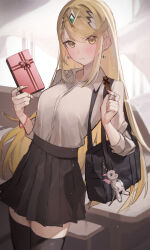 Rule 34 | 1girl, bag, black bag, black skirt, black thighhighs, blonde hair, blush, box, box of chocolates, bracelet, breasts, chocolate, closed mouth, collared shirt, drop earrings, earrings, fingernails, food, handbag, highres, holding, holding chocolate, holding food, jewelry, large breasts, long hair, long sleeves, looking at viewer, mia cbx, mythra (xenoblade), nail polish, pleated skirt, ring, shirt, skirt, solo, standing, stuffed animal, stuffed toy, swept bangs, thighhighs, tiara, white shirt, xenoblade chronicles (series), xenoblade chronicles 2, yellow eyes, zettai ryouiki