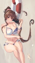 Rule 34 | 1girl, artist name, bare arms, bare legs, bare shoulders, bikini, blush, breasts, brown eyes, brown hair, cleavage, dated, feet out of frame, flower, hair flower, hair ornament, highres, himeyamato, kantai collection, large breasts, long hair, lying, navel, on side, parted lips, petals, pink flower, ponytail, ramune, sideways, signature, solo, swimsuit, very long hair, white bikini, yamato (kancolle)