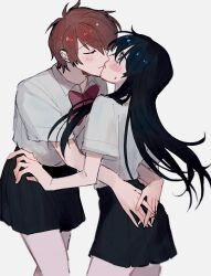 Rule 34 | 2girls, arms around neck, azuma (magi-inazuma), black hair, black skirt, blue eyes, blush, bow, bowtie, brown hair, closed eyes, closed mouth, collared shirt, commentary request, cowboy shot, grey background, hands on another&#039;s waist, highres, kiss, long hair, multiple girls, original, pleated skirt, red bow, red bowtie, school uniform, shirt, short hair, short sleeves, simple background, skirt, surprise kiss, surprised, sweatdrop, white shirt, yuri