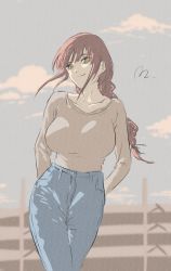 Rule 34 | 1girl, arms behind back, braid, breasts, brown hair, brown shirt, chainsaw man, cloud, cowboy shot, denim, eyelashes, fence, highres, jeans, large breasts, leaning on object, long hair, long sleeves, makima (chainsaw man), mitsugu, pants, ponytail, railing, red hair, ringed eyes, shirt, signature, sky, sleeves past elbows, smile, solo, unusual pupils, yellow eyes