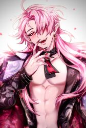 Rule 34 | 1boy, abs, aster (nu carnival), blood, blood on hands, blush, choker, crystal, earrings, eye visible through hair, fangs, fingernails, hair over one eye, half-closed eyes, highres, jewel, jewelry, long hair, looking at viewer, male focus, nail polish, nu carnival, open clothes, open mouth, pectoral cleavage, pectorals, pink hair, pointy ears, red eyes, sharp fingernails, smile, teeth, upper teeth only, vampire, white background, yadome810