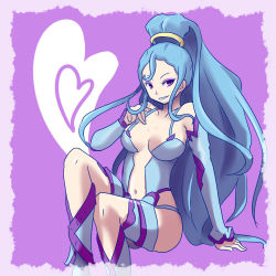 Rule 34 | 1girl, amazon pandora, arm support, blue hair, breasts, eyeshadow, female focus, fluora, hand on own chest, heart, invisible chair, kid icarus, kid icarus uprising, long hair, looking at viewer, lowres, makeup, nintendo, pandora (kid icarus), ponytail, sitting, solo, very long hair