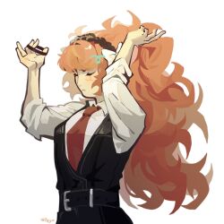 Rule 34 | 07zyo, 1girl, arms up, belt, black belt, black pants, black vest, closed eyes, closed mouth, collared shirt, fluffy hair, high ponytail, highres, ishmael (project moon), limbus company, long hair, long sleeves, necktie, orange hair, pants, project moon, red necktie, shirt, solo, very long hair, vest, white shirt